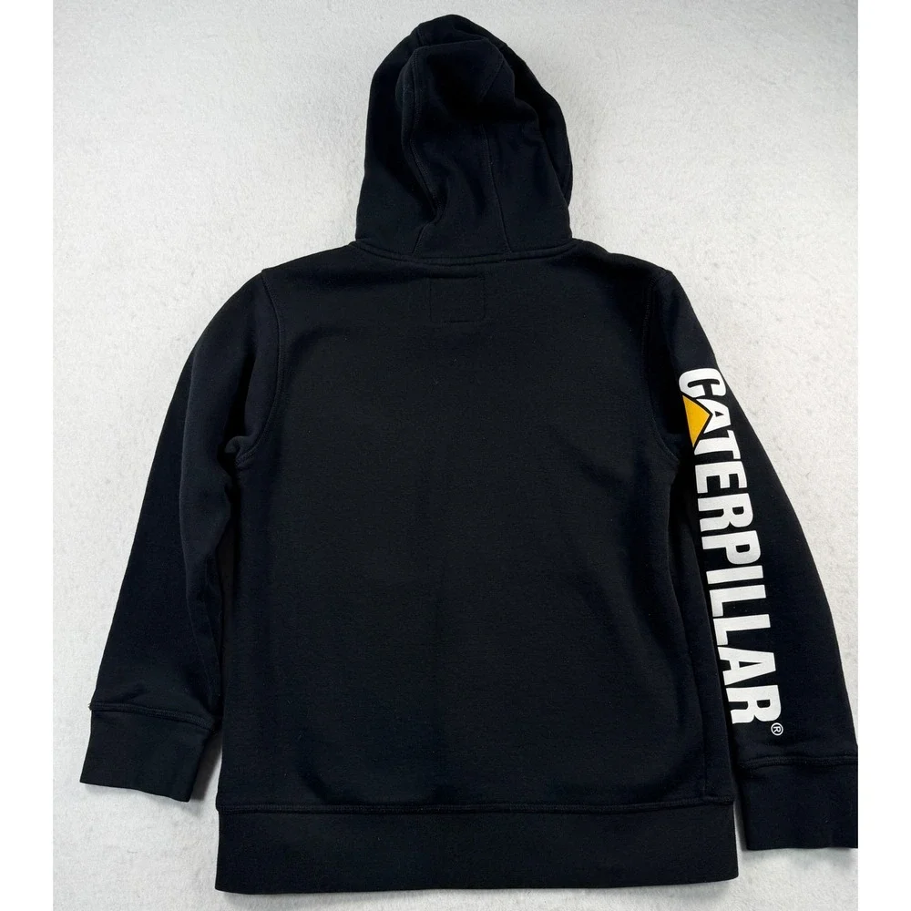 CAT Caterpillar Boys M 10/12 Black Logo Pullover Hoodie Construction Workwear